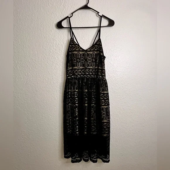 Xhilaration | Dresses | Tea Length Black Lace Dress Wbeige Lining And  Adjustable Straps | Poshmark